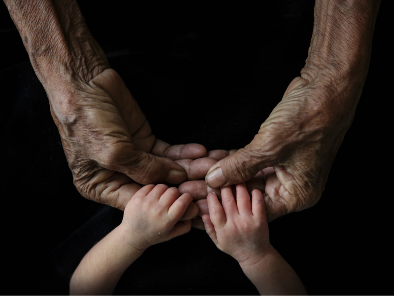 child's hands holding older person's hands